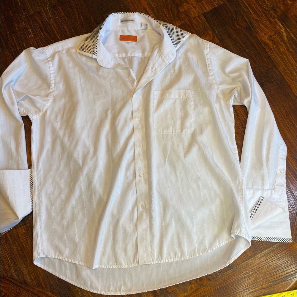 Bruno Conte Button Down Shirt Dress French Cuff White & Blue Mens’s 17.5 34/35